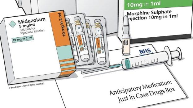 Graphic comic style image of 'just in case' mediction and an NHS letter