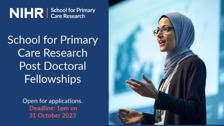 Text reads NIHR; School for Primary Care Research. Post Doctoral Fellowships. Open for applications. Deadline 1pm on 31 October 2023. 

Our main focus is on a young woman standing in front of a screen talking to an audience.