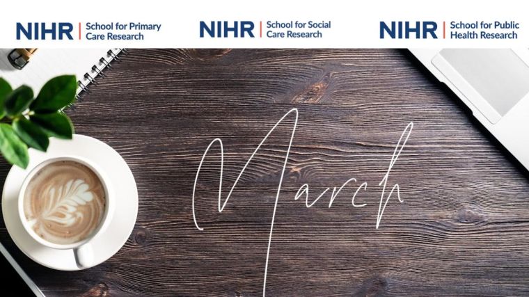 Logos to show Three NIHR Research Schools' Mental Health Programme; School for Primary Care Research, School for Social Care Research, School for Public Health Research. 

Desktop overhead view with the word 'March' written in text in the centre